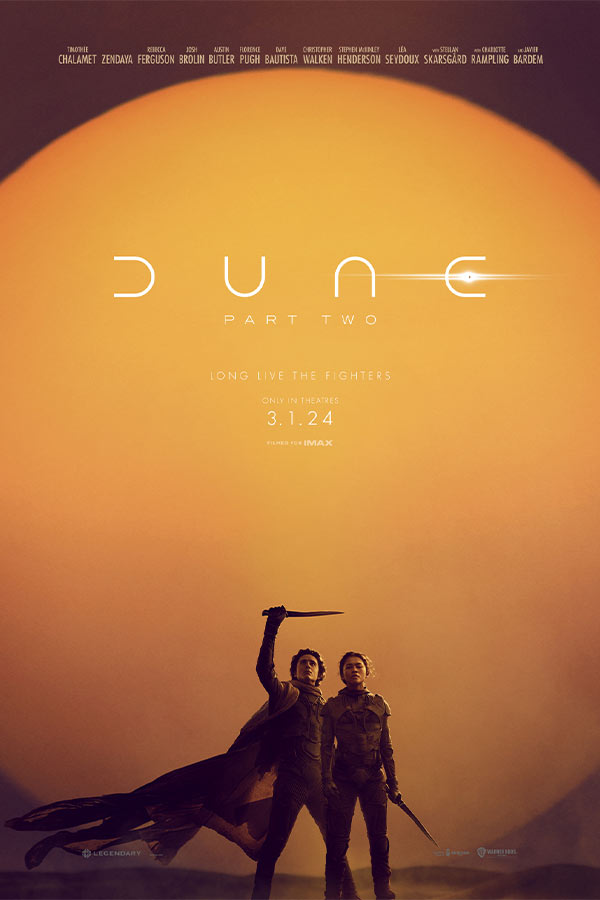 "Dune: Part Two" film poster of two characters standing in front of an orange sun, the person on the left is holding a sword in the air