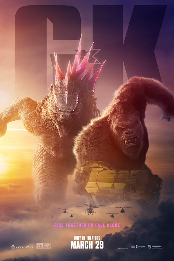 "Godzilla X Kong: The New Empire" film poster of larger than life Godzilla and King Kong charging forward side by side
