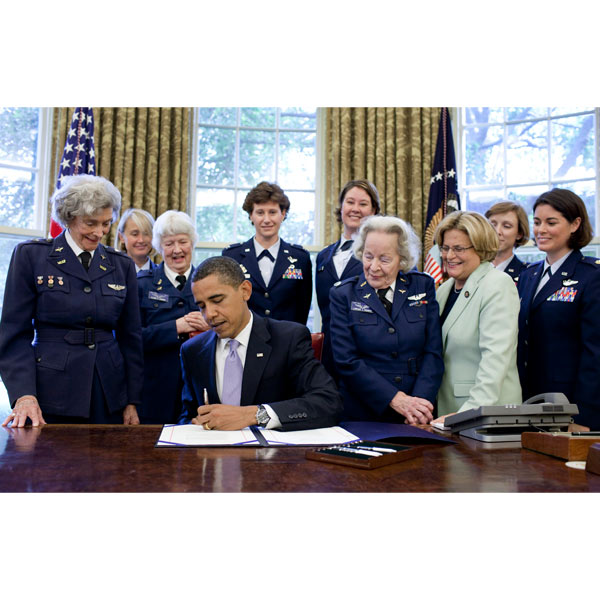 President Barack Obama participates in a S.614 bill signing ceremony to award a Congressional Gold Medal to the Women Airforce Service Pilots. Courtesy National Archives, Washington DC
