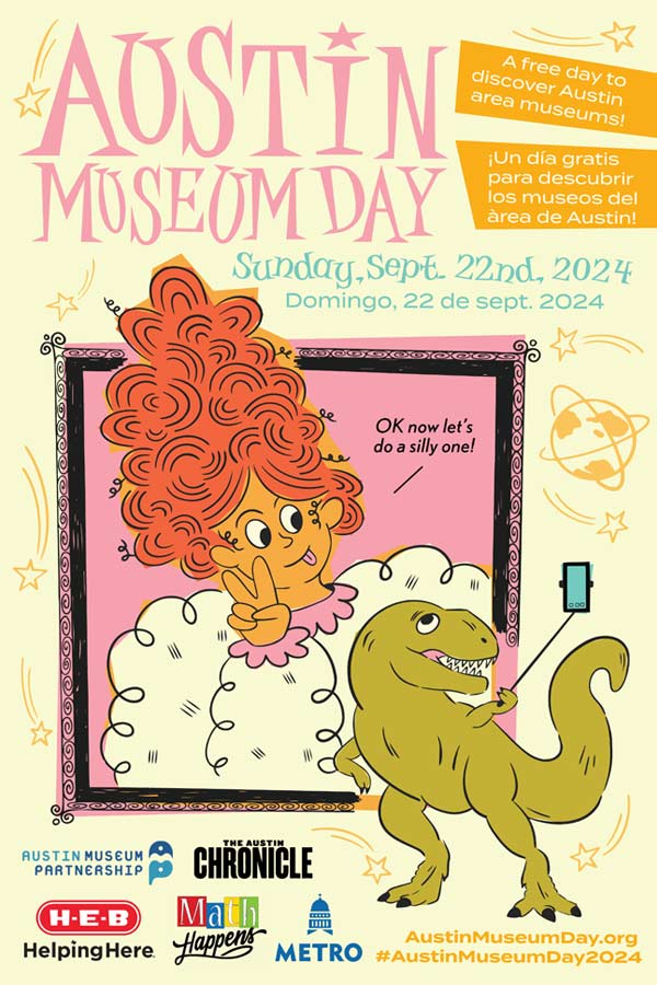 a poster for Austin Museum Day with retro style doodles and event information