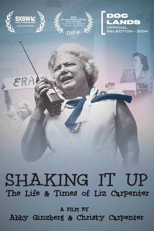 film poster for Shaking It up with a black and white photo of Liz Carpenter
