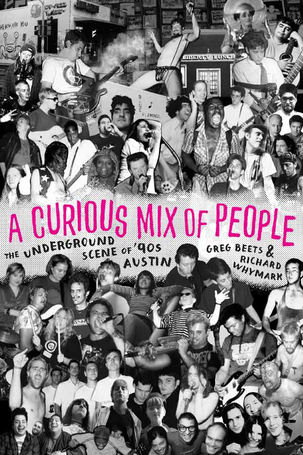 a book cover for A Curious Mix of People with black and white photographs of various people and pink and black handwriting