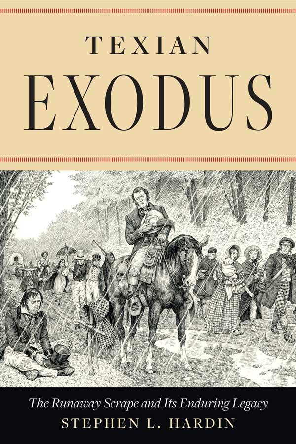 a book cover for Exodus: The Runaway Scrape and its Enduring Legacy with a black and white drawing of people walking on a trail