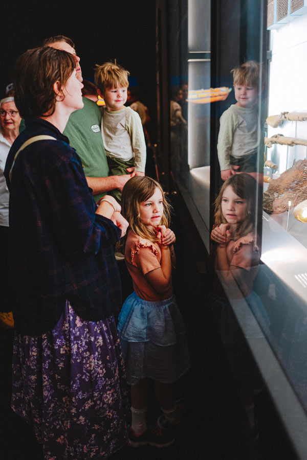 Young children exploring a museum exhibit with their caregivers.