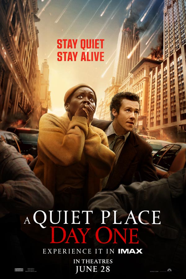 movie poster for "A Quiet Place: Day One" with two characters in a crowded New York City street looking up at an apocalyptic sky