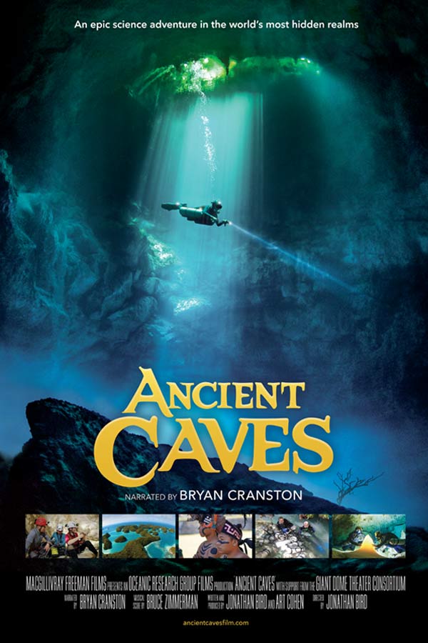 film poster for "Ancient Caves" with a person diving in an underwater cave