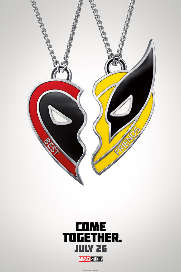 Film poster with Deadpool and Wolverine half-heart friendship necklace charms forming a single heart