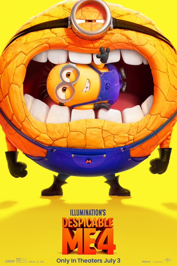 movie poster for "Despicable Me 4" with one large minion holding a small minion in its mouth