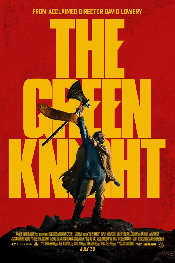 a red and yellow film poster for "The Green Knight" with Sir Gawain holding an axe in the air