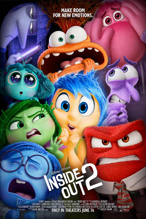movie poster for "Inside Out 2" with the emotion characters squishing together against the screen