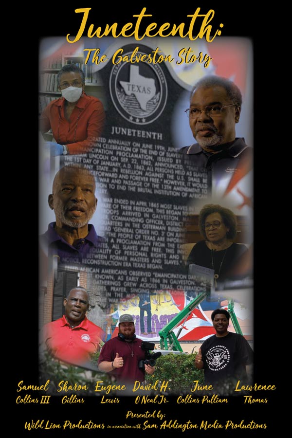 movie poster for "Juneteenth: The Galveston Story" in gold with various headshots of people featured in the documentary