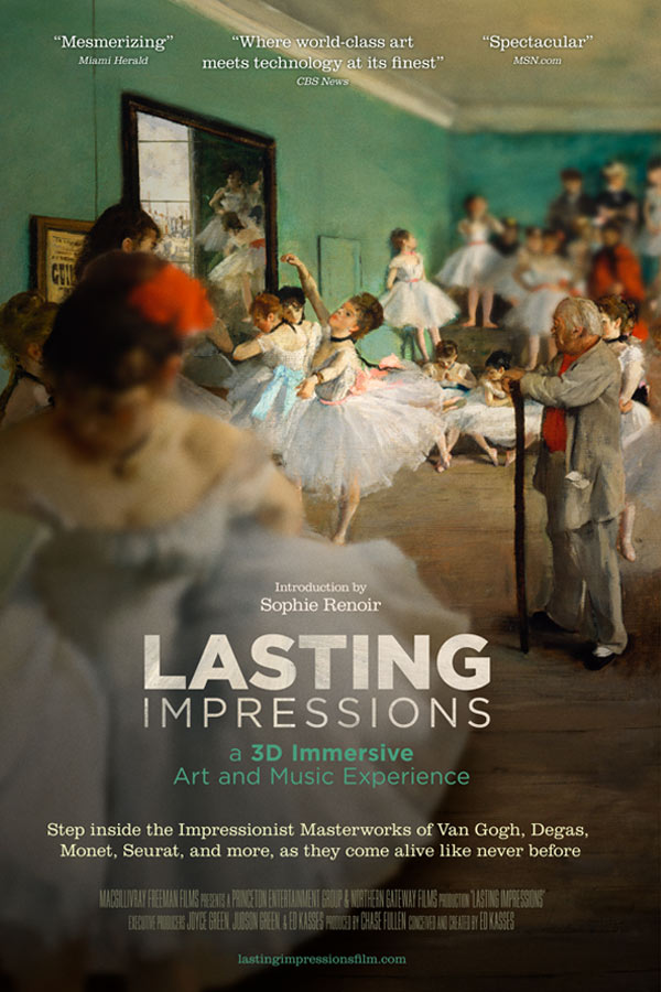 film poster for "Lasting Impressoins" with an impressionist painting by Degas depicting ballerinas preparing for a dance class