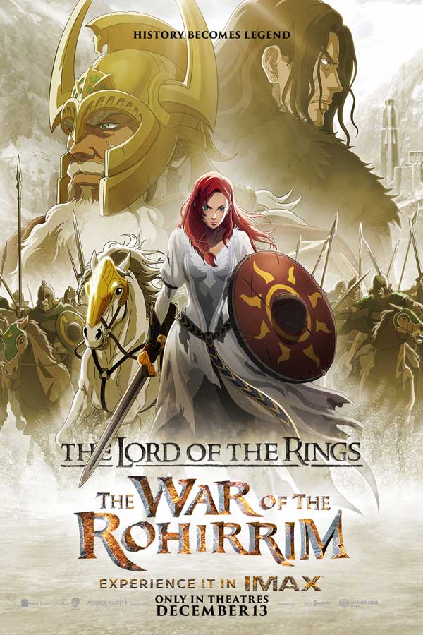 film poster for "War of the Rohirrim" with various animated characters storming into battle