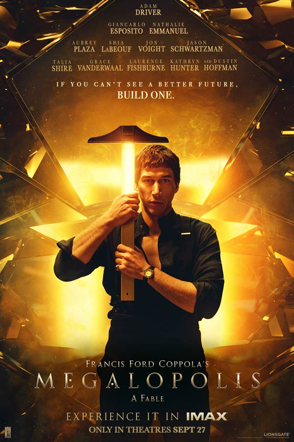 film poster for "Megalopolis" with Cesar Catillina holding a tool and walking in front of a gold background