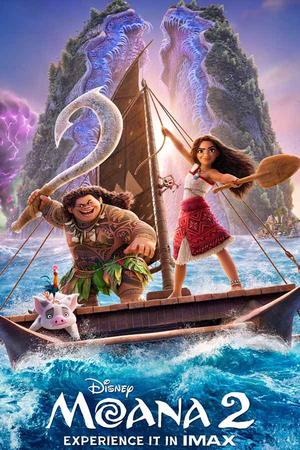 film poster for "Moana 2" with Moana and Maui posing on a small boat