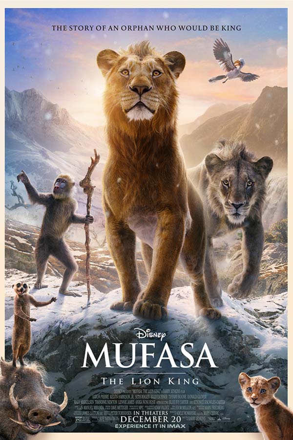 film poster for "Mufasa: The Lion King" with various characters posing in a snowy environment