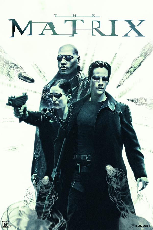 film poster for "The Matrix" with three characters dressed in black