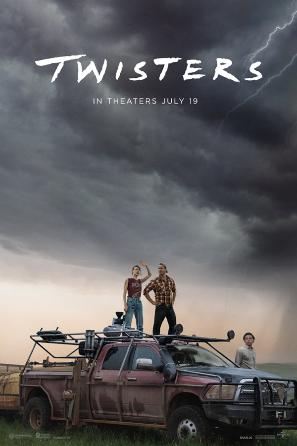 movie poster for "Twisters" with three people standing on top of and around a large truck