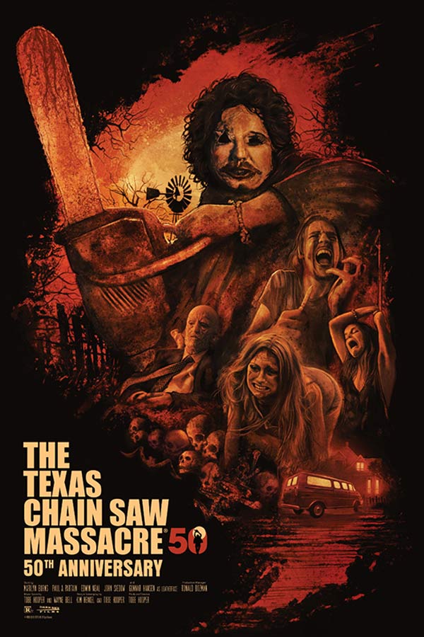 film poster for "The Texas Chainsaw Massacre" with "50th Anniversary" below the title