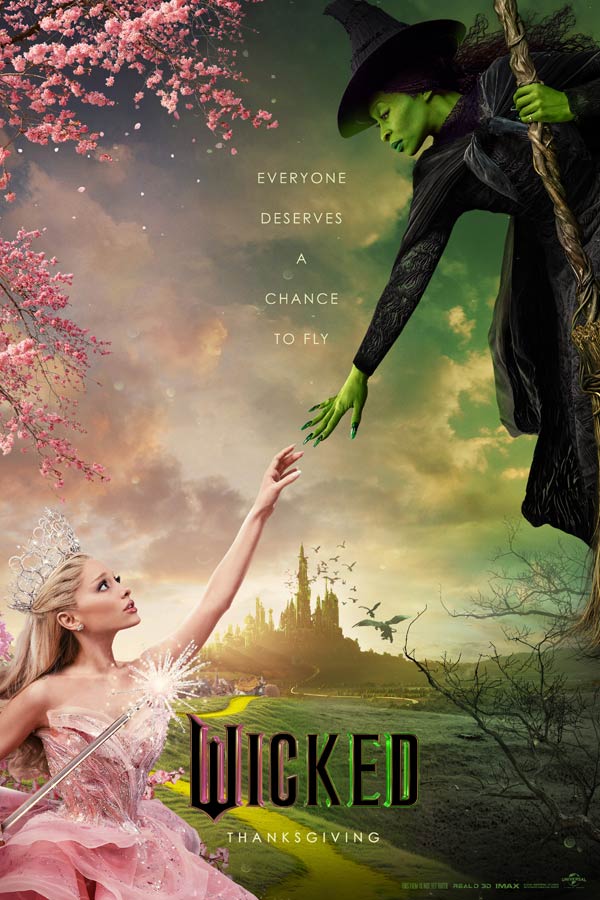 film poster for "Wicked" with Elphaba and Glinda reaching their hands out toward each other