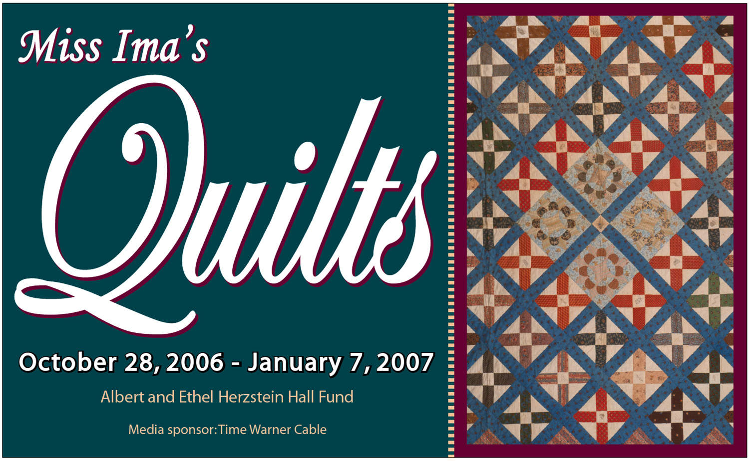 exhibit poster with red and green quilt pattern