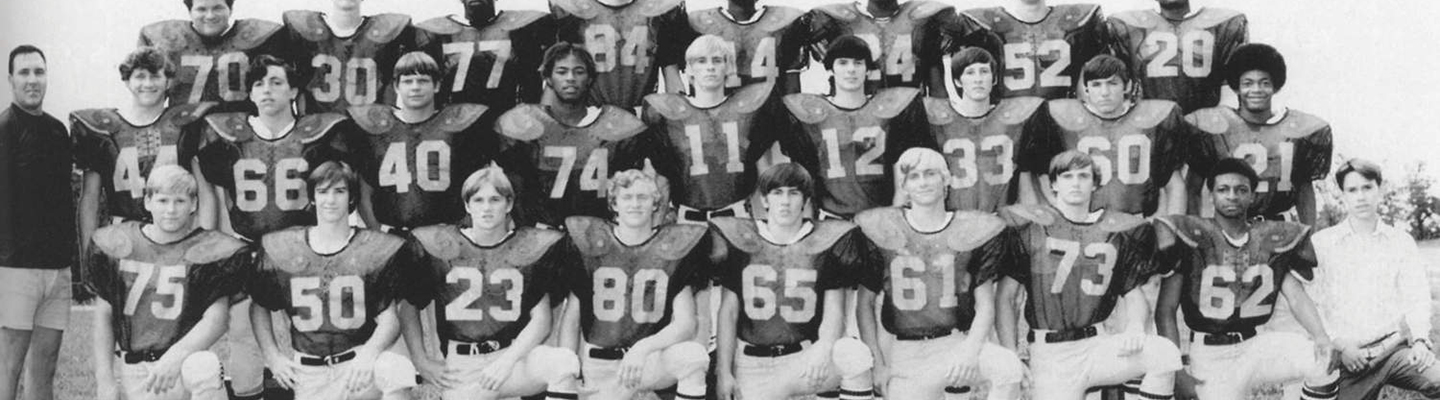 black and white photo of 1950s Texas football team