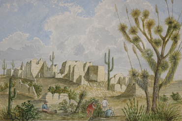 a drawing of a southwestern landscape with cacti and half-finished buildings