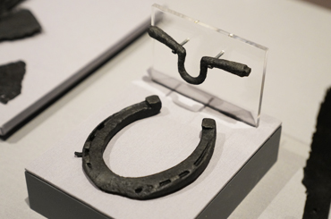 an aged metal horseshoe in a display case