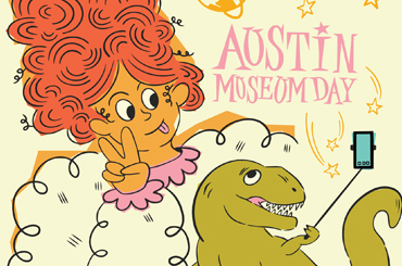 a vintage-style illustration of a person taking a selfie with a dinosaur next to the words Austin Museum Day