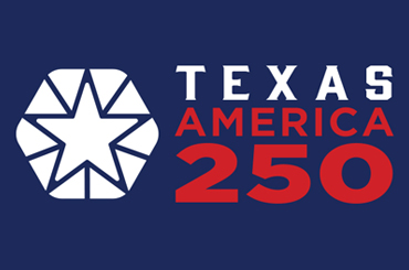 logo for Texas America250 with a white gem and white and red writing on top of a blue background