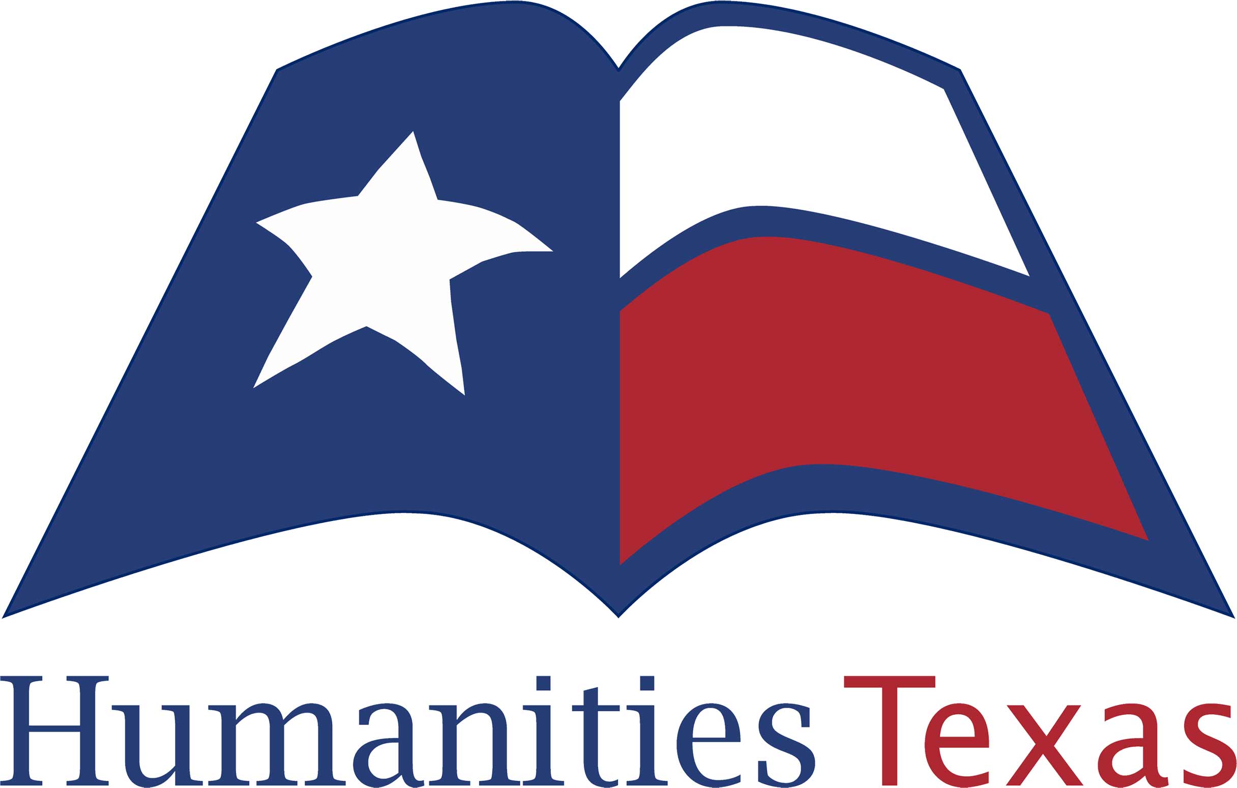 Logo with the Texas flag as two book pages, with Humanities Texas written under it